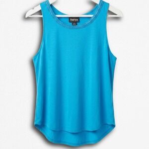 Surya Womens Turquoise Blue Knit Tank Top Braided Neckline High Low Hem Medium
